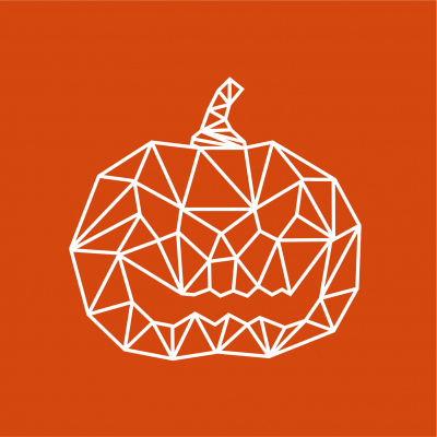 Logótipo de abóbora geométrica branca num fundo laranja