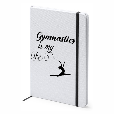 Caderno branco com elástico preto e design de ginástica com texto