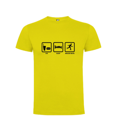 T-shirt amarela com ícones e texto pretos Eat Sleep Roller Skate