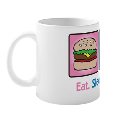 Caneca branca com ilustração de hambúrguer e texto colorido