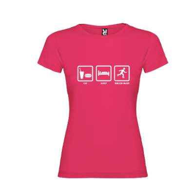 T-shirt rosa feminina com estampado branco e texto EAT SLEEP ROLLER SKATE