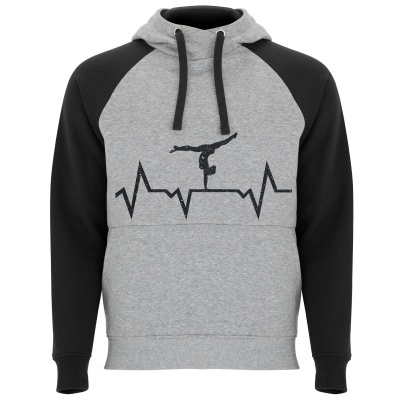 Camisola com capuz cinzenta com mangas pretas e gráfico de batimento cardíaco e ginasta no peito