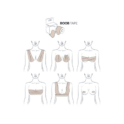 Fita adesiva para seios nude com várias formas de aplicação desenhadas num fundo branco