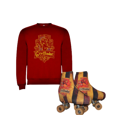 Sweatshirt vermelho com emblema Gryffindor e patins listrados amarelos e pretos com emblema}