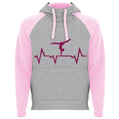 Sweatshirt cinzento e rosa com desenho de batimento cardíaco e ginasta