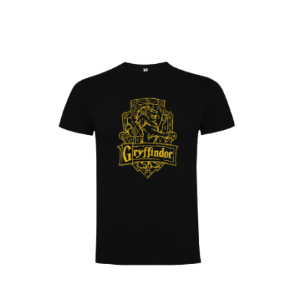T-shirt preta com brasão dourado da Casa Gryffindor e texto
