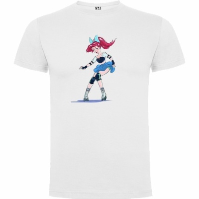 T-shirt branca com desenho de personagem feminina a patinar