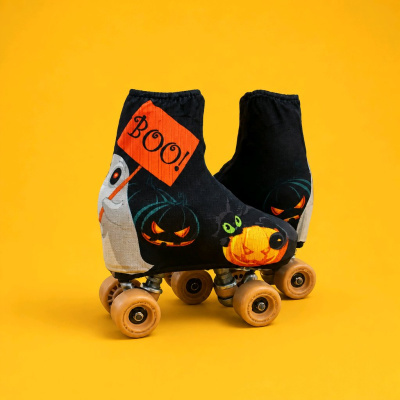 Patins em linha com capa preta de Halloween e detalhes laranja e verde