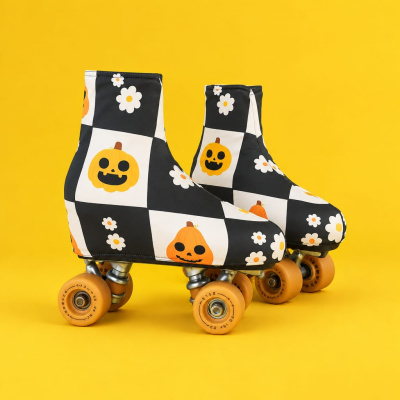 Patins de rodas duplas com capa decorativa de abóboras e flores em fundo amarelo