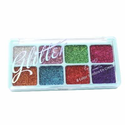 Palete de sombras em creme glitter com 8 cores vivas em caixa transparente