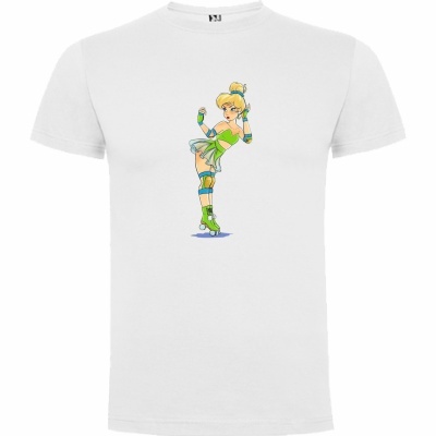 T-shirt branca com estampa de personagem feminina loira com patins verdes