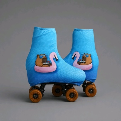 Patins com capa azul e estampa de urso numa boia rosa em fundo cinza