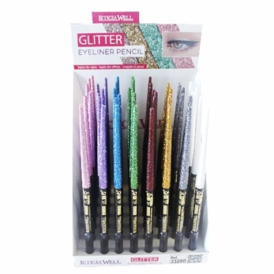 Lápis de olhos glitter várias cores em expositor branco com texto