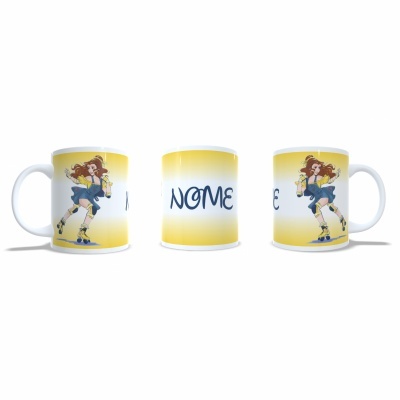 Caneca branca com fundo amarelo, mulher a patinar e a palavra NOME