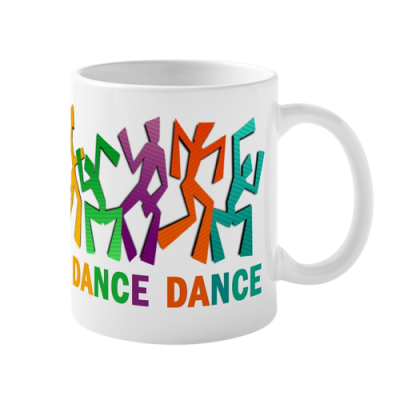 Caneca branca com figuras dançantes coloridas e texto DANCE DANCE