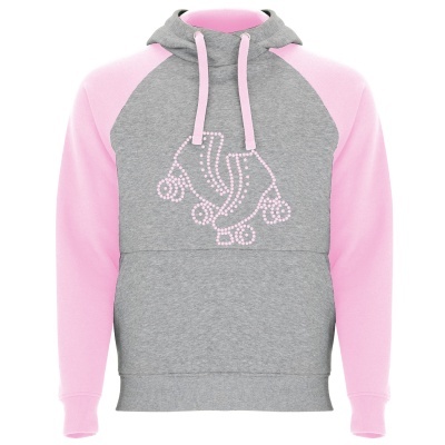 Sweatshirt cinza e rosa com desenho de patins de rodinhas e capuz