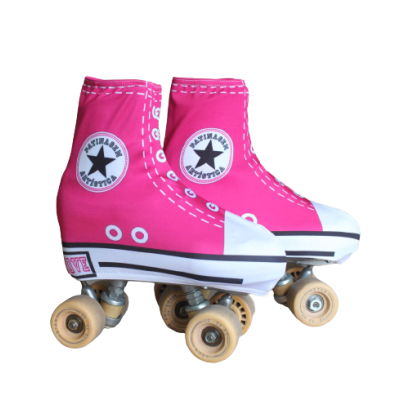 Patins de rodas quadros cor de rosa com branco e bege