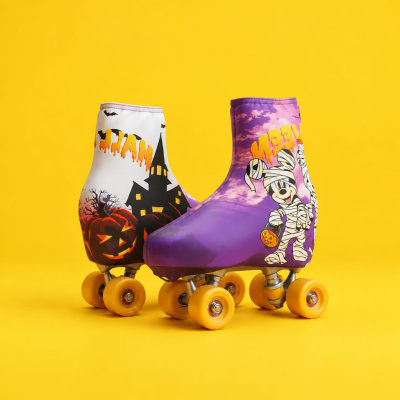 Par de patins em rolo com capas temáticas de Halloween, fundo amarelo