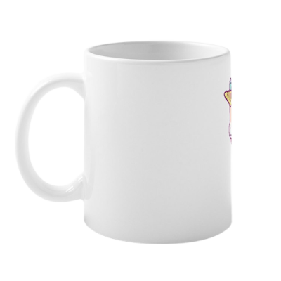 Caneca branca de cerâmica com alça e desenho colorido