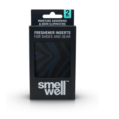 Embalagem preta de inserts aromatizantes para sapatos SmellWell com padrão azul e preto