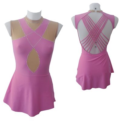 Vestido desportivo rosa e bege com strass e tiras cruzadas nas costas