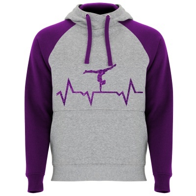 Sweatshirt de capuz cinzenta e roxa com estampa de batimento cardíaco e ginasta