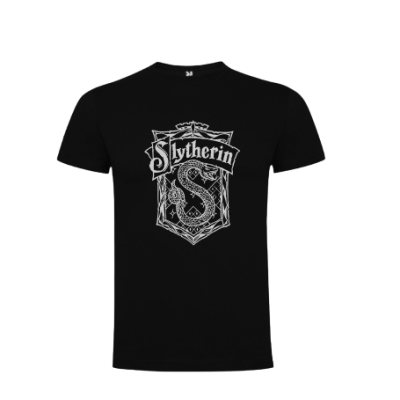 Camiseta preta com estampa branca do brasão Slytherin