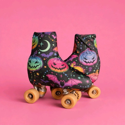 Par de patins com capa preta decorada de Halloween sobre fundo rosa