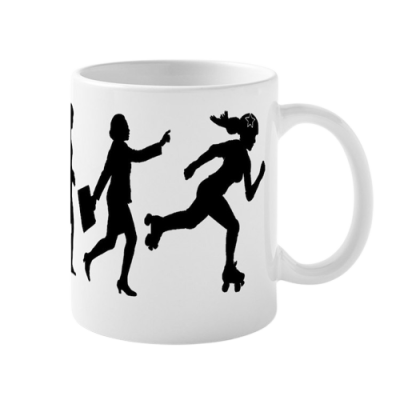 Caneca branca com design de silhuetas femininas em preto