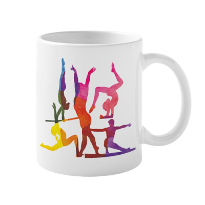 Caneca branca com silhuetas coloridas de ginastas em várias poses.