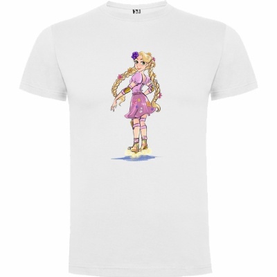 Camiseta branca com estampa de personagem feminina com vestido rosa e cabelo loiro em tranças.