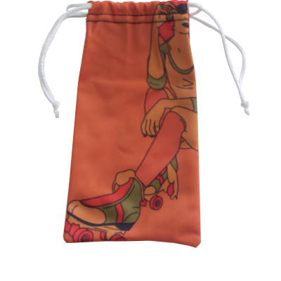 Bolsa de tecido laranja com ilustração de pessoa em patins coloridos