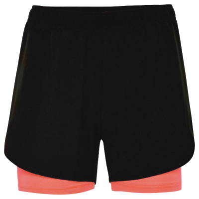 Calções desportivos pretos com camada interior cor-de-rosa.