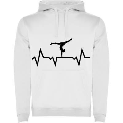 sweatshirt branca com estampa preta de linha cardíaca e figura humana a fazer handstand