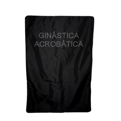 Tecido preto com texto GINÁSTICA ACROBÁTICA em pontos de luz prateados