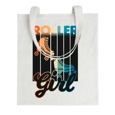 Saco de tecido branco com estampa de patins e texto ROLLER Girl