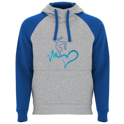 Sweatshirt cinza e azul com capuz e padrão azul no peito