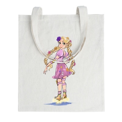 Saco de tecido creme com ilustração de personagem feminina com vestido cor-de-rosa e cabelo trançado
