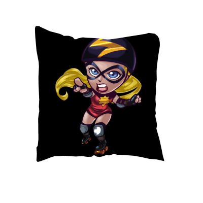 Almofada preta com estampa de personagem animada feminina com capacete e patins.