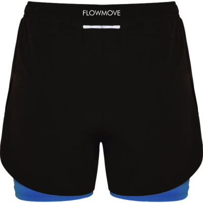 Calções desportivos pretos com forro azul e texto branco FLOWMOVE na cintura