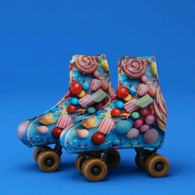 Patins clássicos com padrão de doces multicoloridos e rodas castanho claro