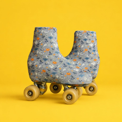 Patins com capinhas de Halloween cinzentas em fundo amarelo