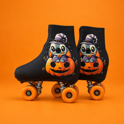 Patins de rodas pretos com desenhos de Halloween em fundo laranja