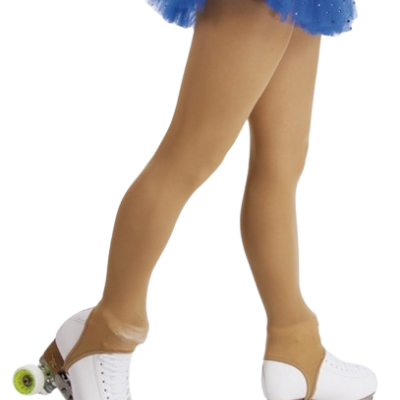 Patins brancos com rodas verdes e saia azul com pedras brilhantes.