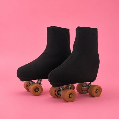 Patins de rodas com capas pretas e rodas laranja sobre fundo rosa