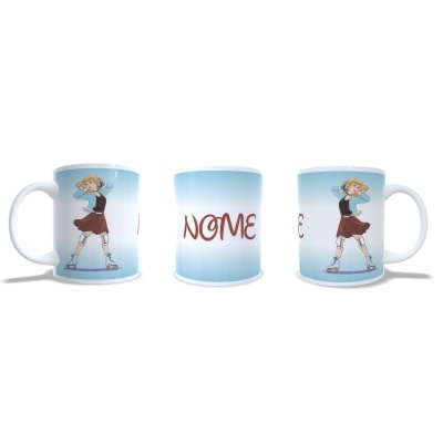 Três canecas com ilustração de mulher loira e a palavra NOME