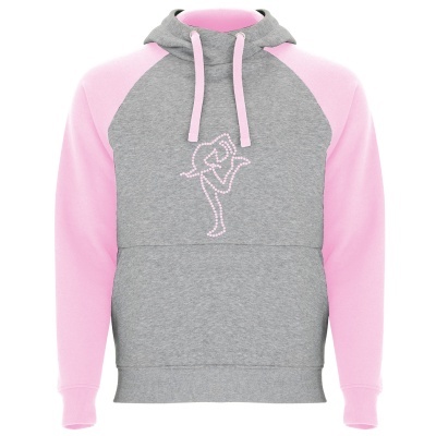 Camisola com capuz cinzenta e rosa com desenho de ginasta