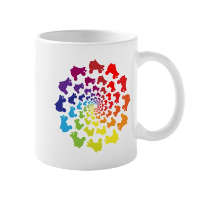 Caneca branca com padrão colorido de patins em espiral