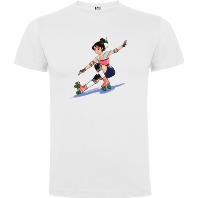 T-shirt branca com estampa de personagem feminina a andar de patins