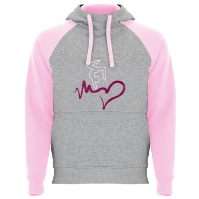 Sweatshirt cinzenta e rosa com capuz e bordado de linha de batimento cardíaco e coração